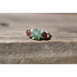 Raw Garnet and Green Tourmaline Engagement Ring Rough Wedding Band